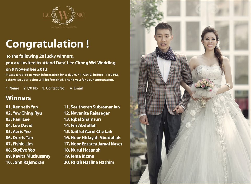 20 lucky winners to Lee Chong Wei's wedding dinner