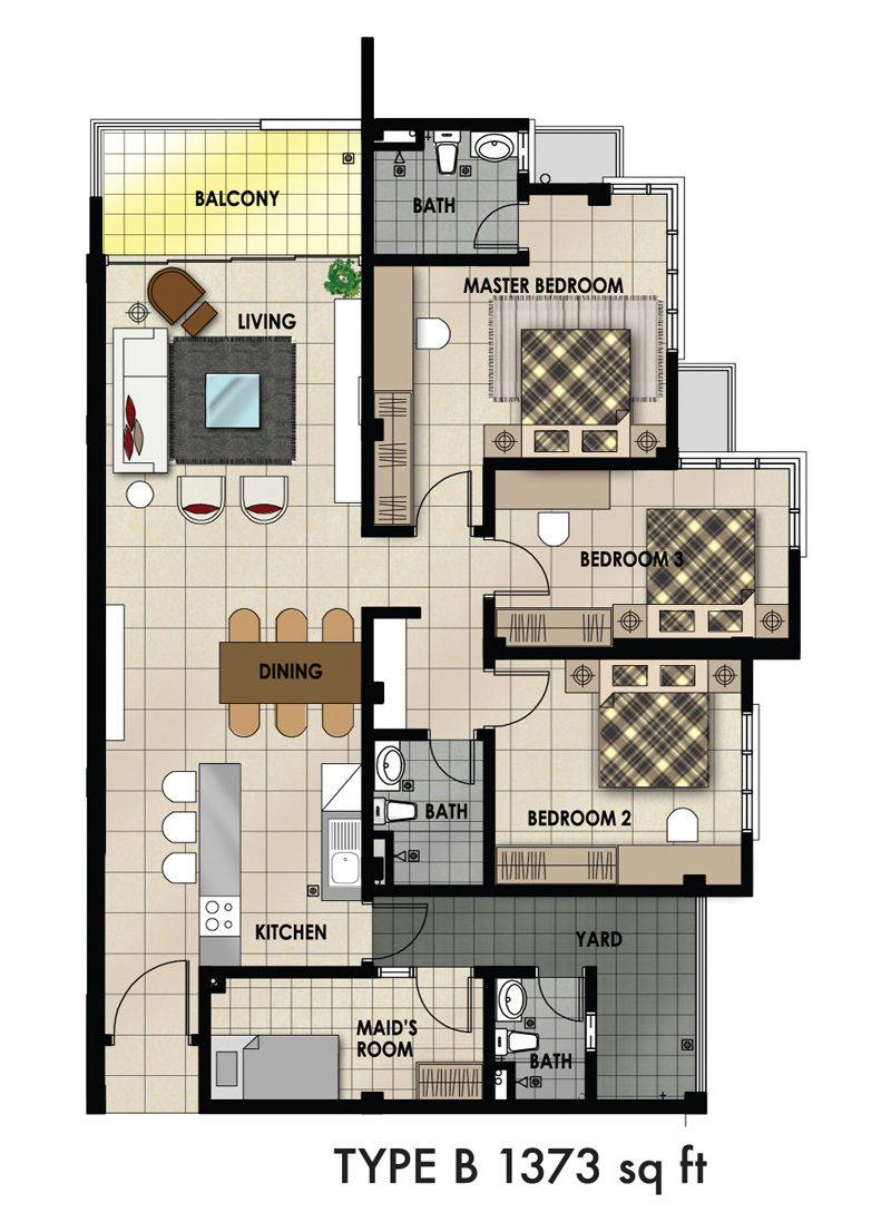 Airport Apartments type B Floor plan 1373sqft