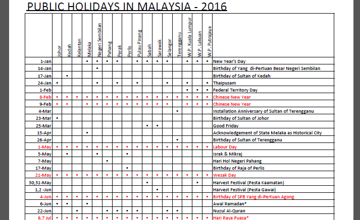 2016 Malaysia Public Holidays Calendar